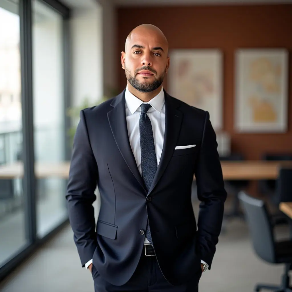 portrait-fondateur-tenue-business Portrait professionnel d'un chef d'entreprise en tenue de bureau élégante, arrière-plan bureau avec grandes fenêtres